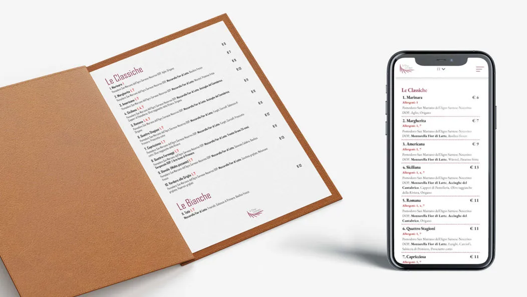 Mockup di un menu cartaceo e di un menu digitale su smartphone